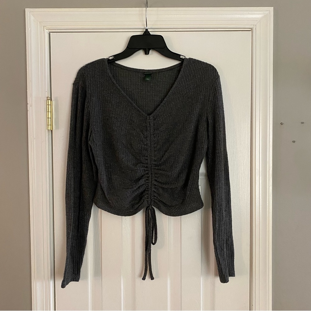 Wild Fable Dark Gray Long Sleeve Waffle Knit Cinched Front Crop Top Small